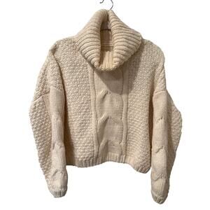 Altar'd State Cream Chunky Cable Knit Cropped Sweater Size Small Turtleneck Boxy